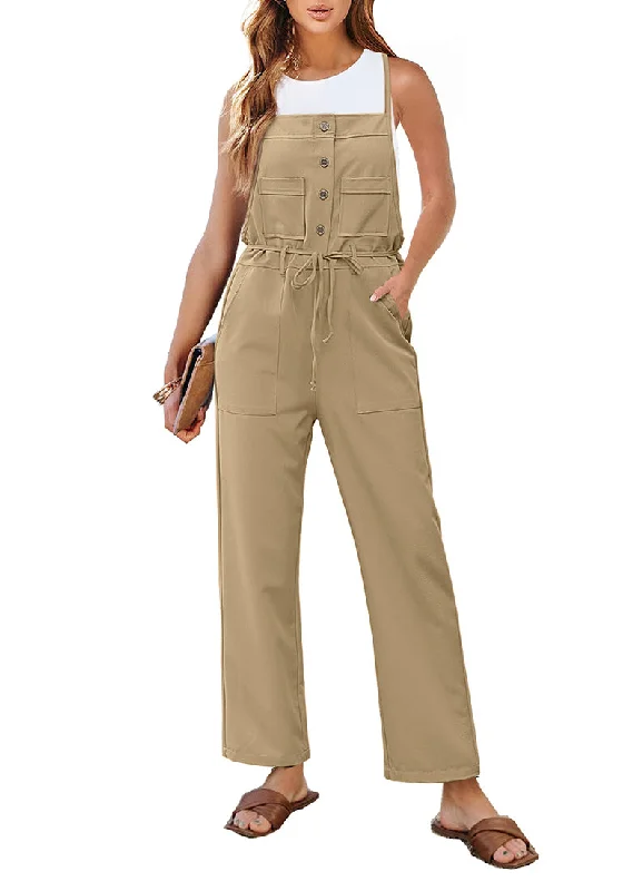 Khaki Women's Button Down Pocket Straight Leg Vintage Casual Overalls