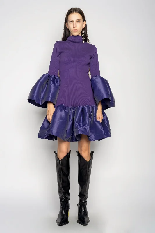 PURPLE PUFF SLEEVE AND HEM DRESS