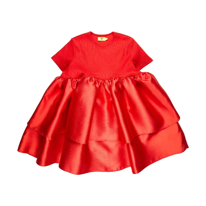 RED DRESS WITH RIB TOP AND MIKADO DOUBLE LAYERED BOTTOM