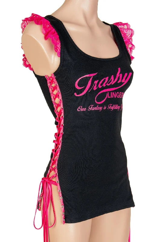 Trashy Lace-Up Ruffle Tank Top (Small Parasol Girl Print)