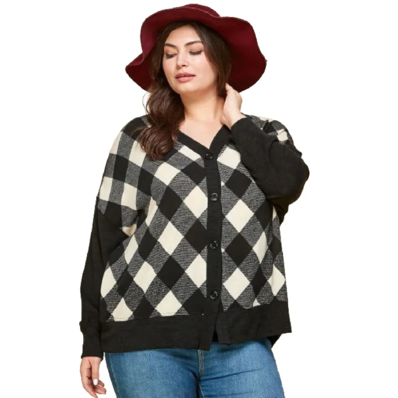 Plus Size Buffalo Plaid Knit Button Up Oversize Cardigan