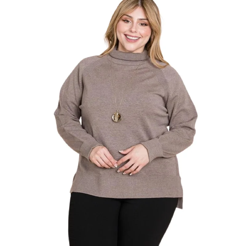 Plus Size High Quality Buttery Soft Solid Knit Turtleneck Two Tone High Low Hem Sweater