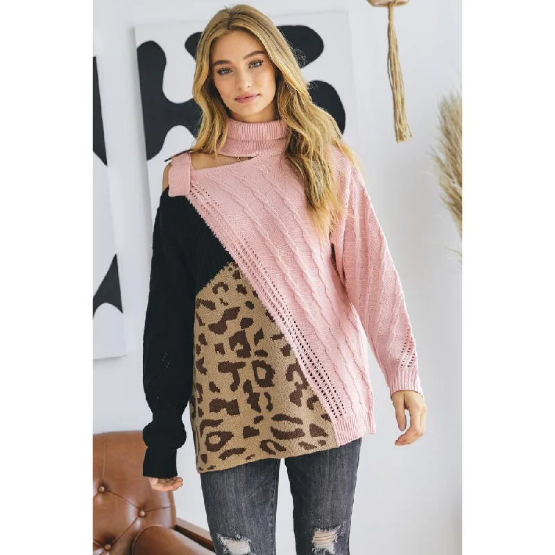 Turtle Neck Color Block Cutout Sweater